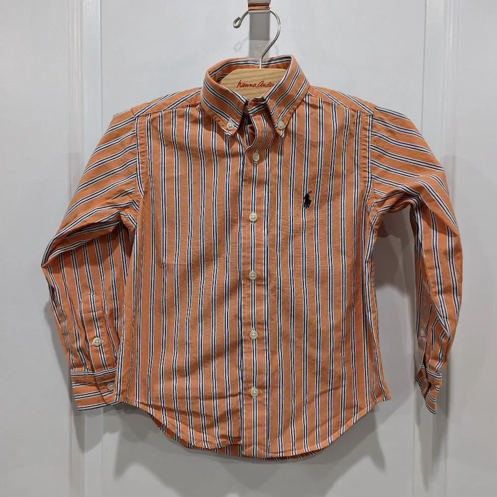 Ralph Lauren Orange White Striped Button Down Up Oxford Church Shirt Boys Size 4